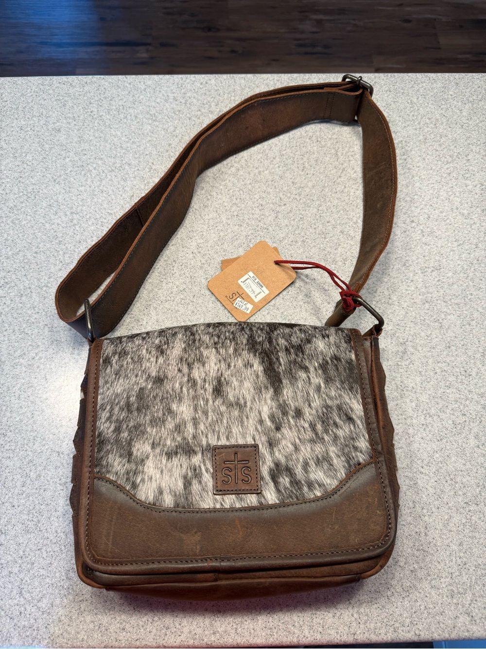 STS Ranchwear Brown Leather Messenger Bag with Gray Hair-on-Hide Flap
